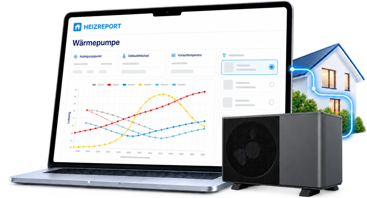 Heizreport im Browser: Wärmepumpenauslegung mit Leistungsdiagramm, daneben eine Außeneinheit vor dem Haus